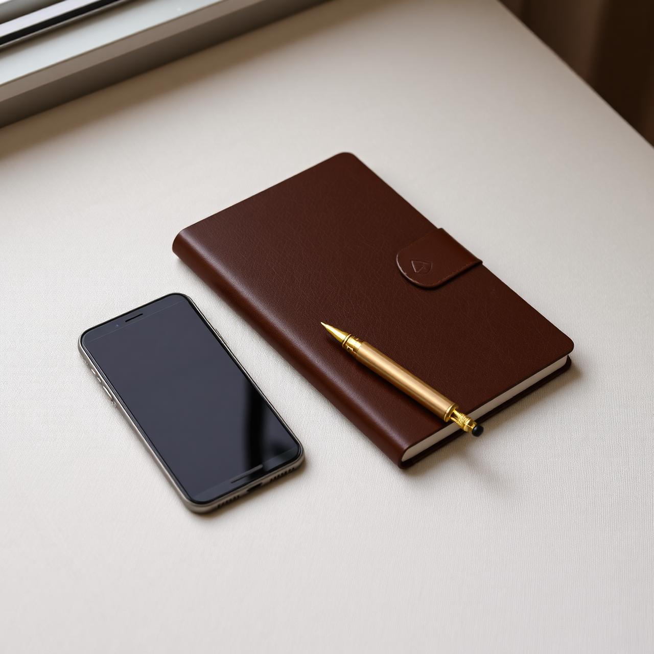 A quiet desk with a phone and a notebook